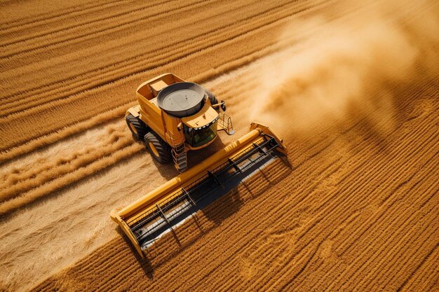 Ein gelber Traktor pflügt ein Feld, um das herum Staub fliegt.