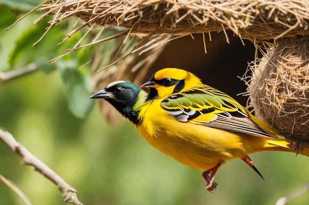 ein gelber und grüner Vogel sitzt auf einem Zweig mit grünem Hintergrund