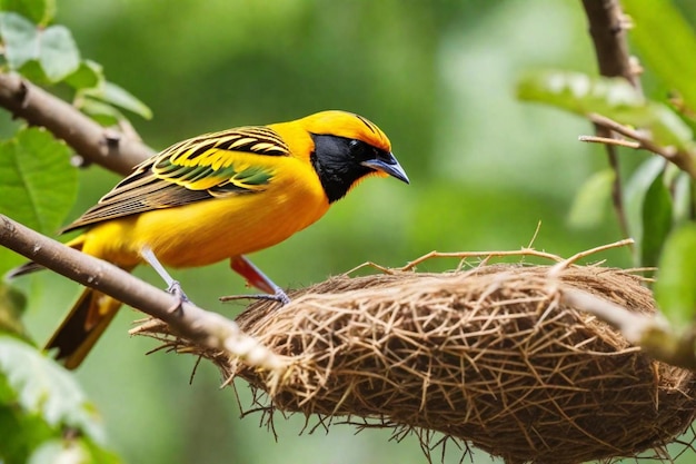ein gelber und schwarzer Vogel mit dem Wort grün auf der Brust