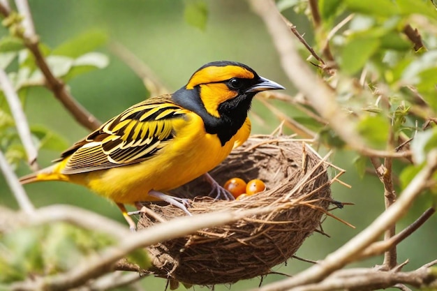 ein gelber und schwarzer Vogel mit einem gelben Schnabel und einem Nest mit Eiern