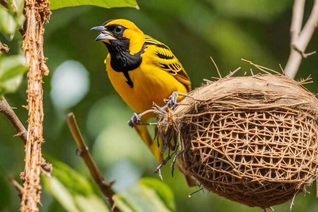 ein gelber und schwarzer Vogel mit einem schwarzen Schnabel, der auf einem Nest sitzt