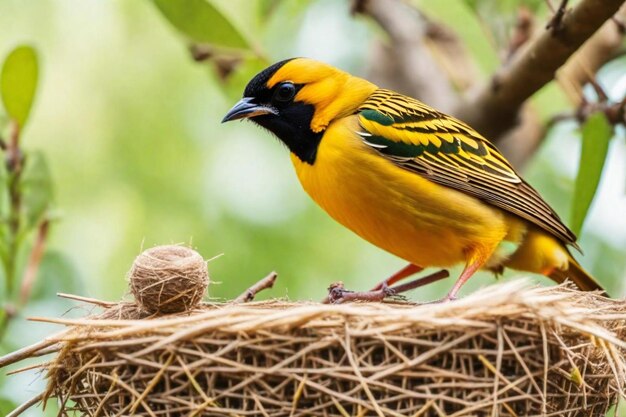 ein gelber und schwarzer Vogel sitzt auf einem Nest mit einem Nussball