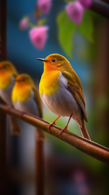 Ein gelber Vogel mit einer roten Blume im Hintergrund