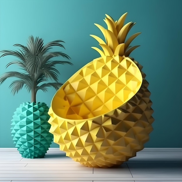 Foto ein gelbes, ananasförmiges objekt mit einer palme im hintergrund.