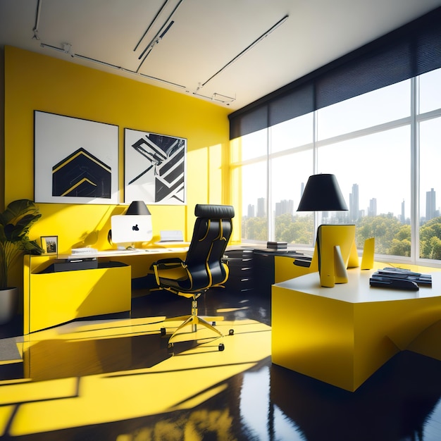 Foto ein gelbes büro mit einem schwarzen stuhl und einem schwarzen schreibtisch mit einem schwarzen stuhl.
