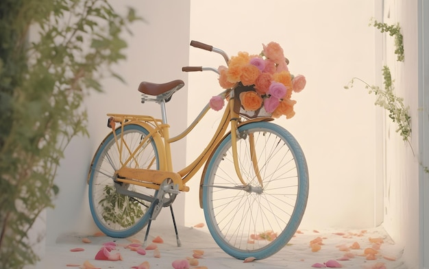 Ein gelbes Fahrrad mit einem Blumenstrauß darauf