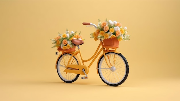 Ein gelbes Fahrrad mit einem Korb voller Blumen darauf