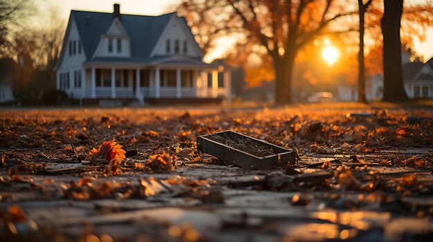 ein gelbes Haus mit einem Baum im Hintergrund und einer Schachtel in der Mitte