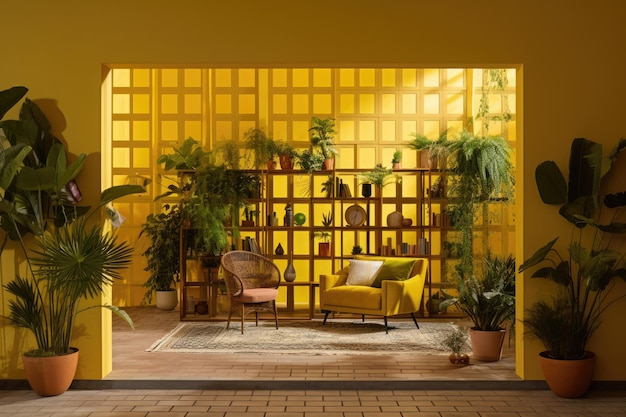 Ein gelbes Haus mit einer gelben Wand und einem Pflanzgefäß mit Pflanzen und Pflanzen.