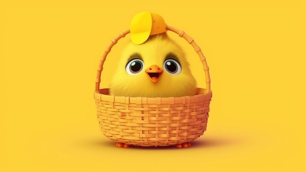 Ein gelbes Huhn in einem Korb