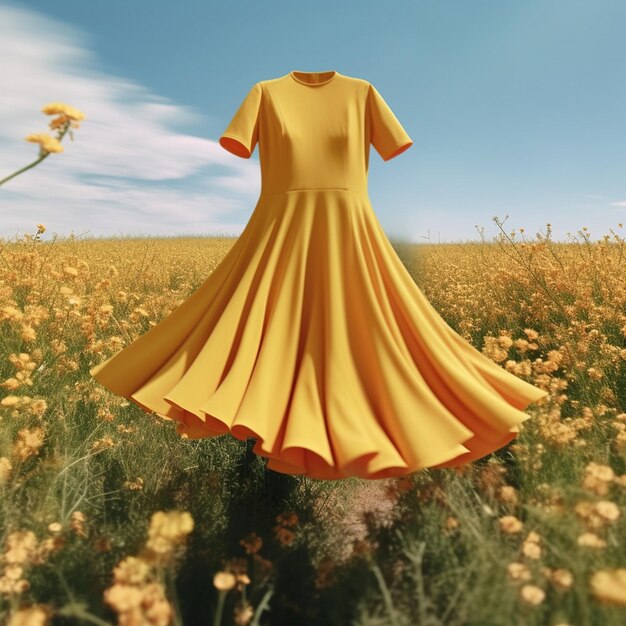 Ein gelbes Kleid mit gelbem Oberteil steht in einer Blumenwiese.