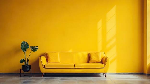 Ein gelbes Sofa und eine Pflanze in der Nähe einer gelben Wand Minimalistisches Interieur