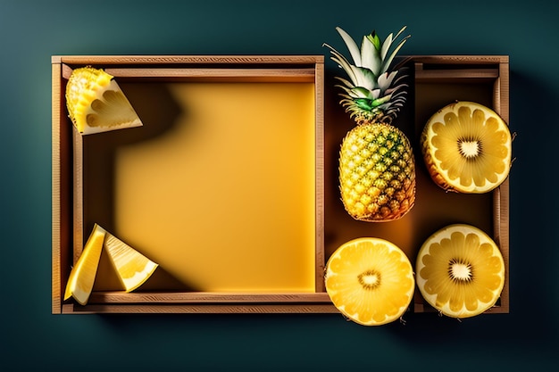 Ein gelbes Tablett mit Ananas und Ananas darauf