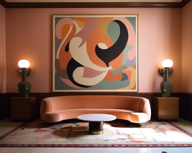 Ein Gemälde an der Wand eines Zimmers mit einer Couch und einem Tisch mit zwei Lampen darauf.