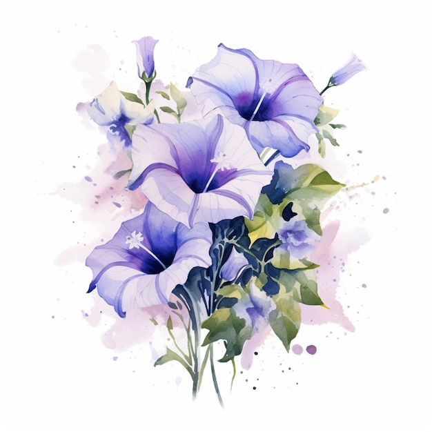 Ein Gemälde aus blauen und violetten Blumen mit grünen Blättern.