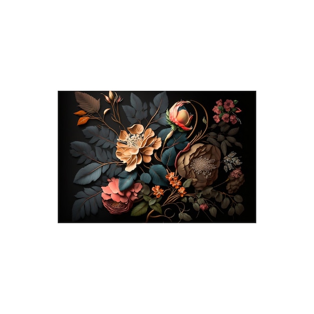 Ein Gemälde aus Blumen und Blättern auf schwarzem Hintergrund, generative KI