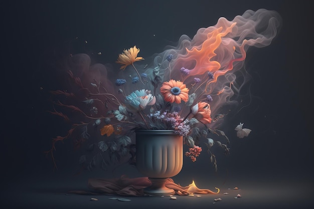 Ein Gemälde aus Blumen und Rauch mit dunklem Hintergrund.