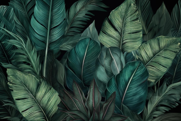 Ein Gemälde aus grünen Blättern auf schwarzem Hintergrund, generative KI