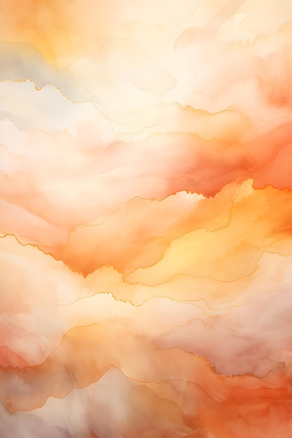 ein Gemälde aus orangefarbenen und gelben Wolken am Himmel. Aquarellmalerei eines Vulkans
