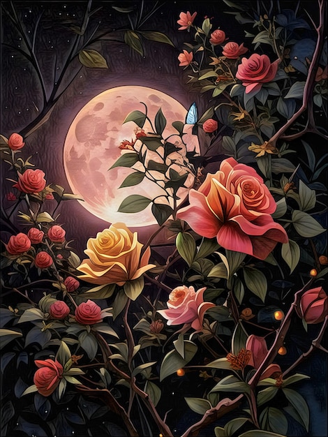 Ein Gemälde aus Rosen und einem Mond mit dem Mond im Hintergrund