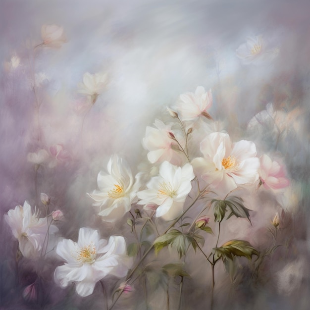 Ein Gemälde aus weißen Rosen mit rosa und gelben Blüten