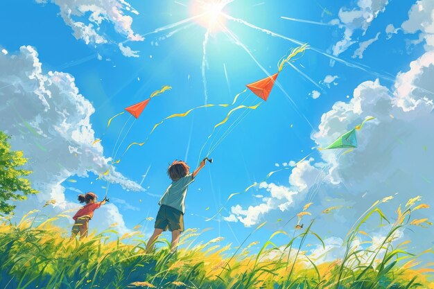 Ein Gemälde, das zwei Kinder darstellt, die freudig Drachen auf einem offenen Feld umgeben von Natur fliegen. Kinder, die Drachen in einem hellen sonnigen Himmel fliegen, verkörpern Freiheit und Freude.
