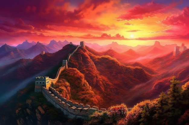 Ein Gemälde der Chinesischen Mauer mit dem Sonnenuntergang dahinter.