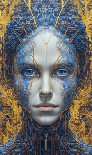 Ein Gemälde des Gesichts einer Frau mit blauen Augen und goldenen und goldenen Linien.