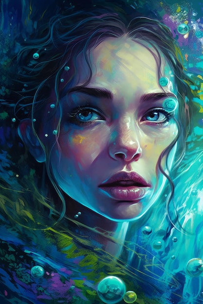 Ein Gemälde des Gesichts einer Frau mit blauen und grünen Augen.