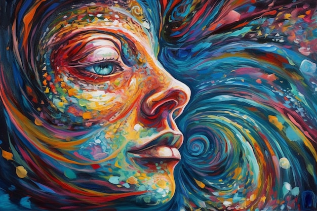 Ein Gemälde des Gesichts einer Frau mit einem wirbelnden Muster darauf.
