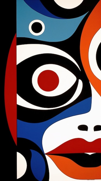 Ein Gemälde des Gesichts einer Frau mit roten Augen und einem schwarz-weißen Gesicht.