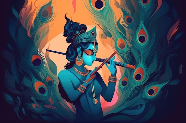 Ein Gemälde des hinduistischen Gottes Krishna, der Flöte spielt, mit Pfauenfedern im Hintergrund