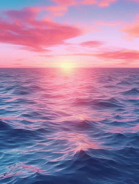 Ein Gemälde des Sonnenuntergangs über dem Meer.
