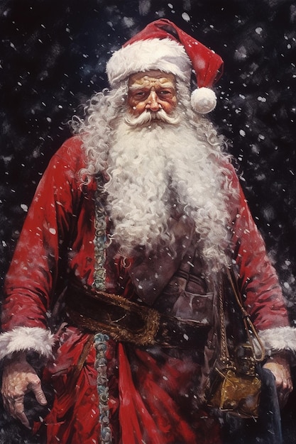 Ein Gemälde des Weihnachtsmanns in einer verschneiten Szene