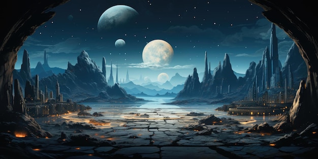 Ein Gemälde einer außerirdischen Landschaft mit Bergen und Planeten. Digitales Bild