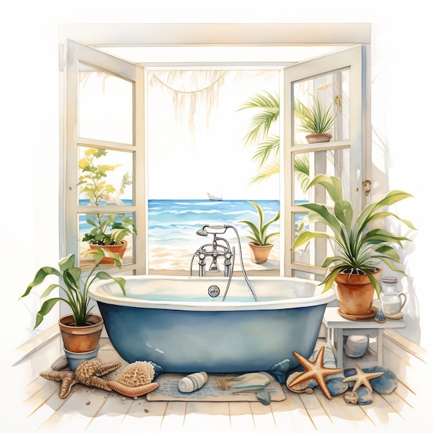 ein Gemälde einer Badewanne mit Pflanzen und einem Fenster mit dem Meer im Hintergrund.