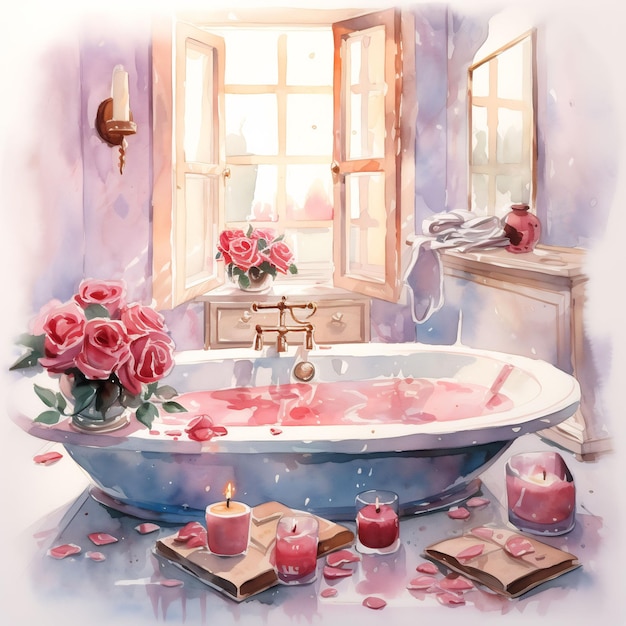 ein Gemälde einer Badewanne mit Rosen und Kerzen