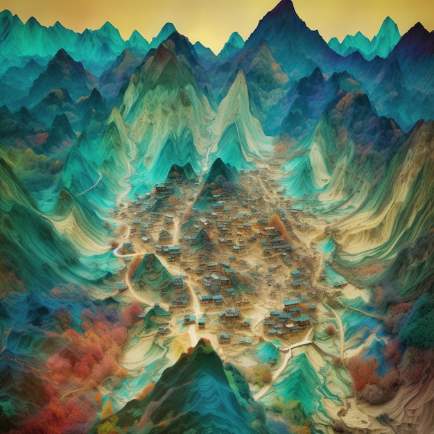 Ein Gemälde einer Bergkette mit einem blauen und grünen Berg im Hintergrund.