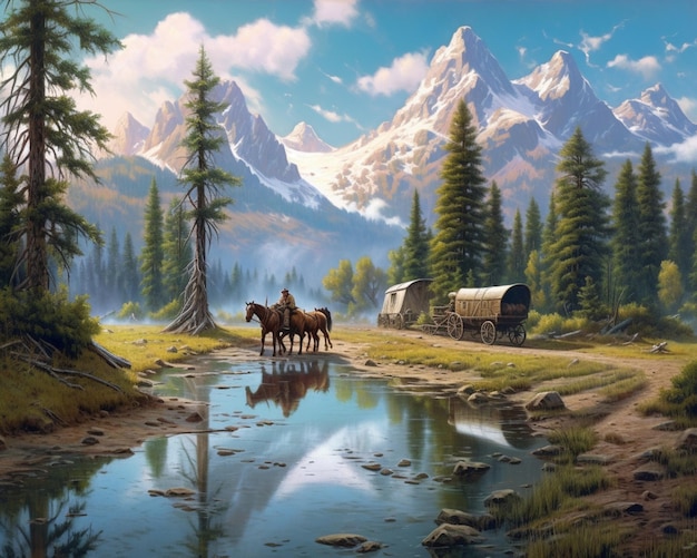 Ein Gemälde einer Berglandschaft mit Bergen und einem Pferd und einem Mann auf einem Pferd.