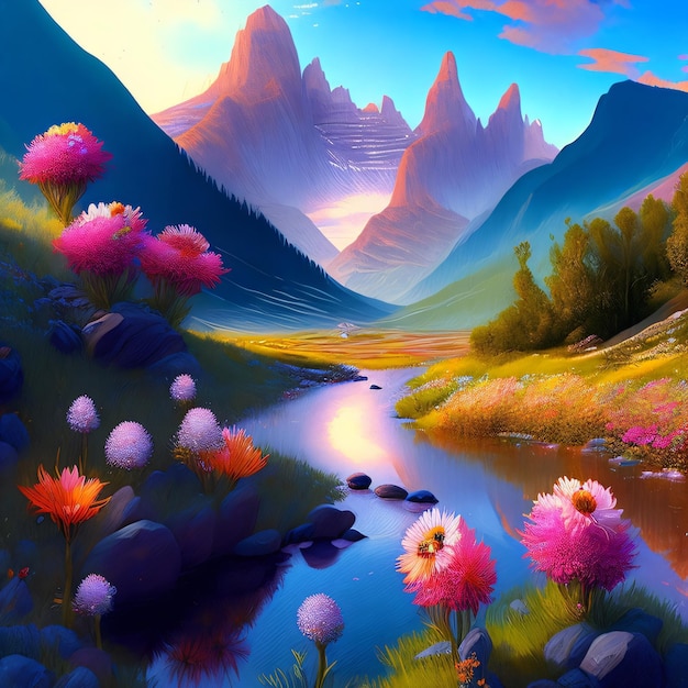 Ein Gemälde einer Berglandschaft mit Blumen und einem Fluss.