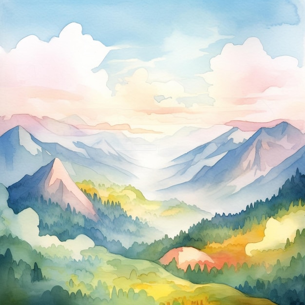 Ein Gemälde einer Berglandschaft mit buntem Himmel und Wolken.