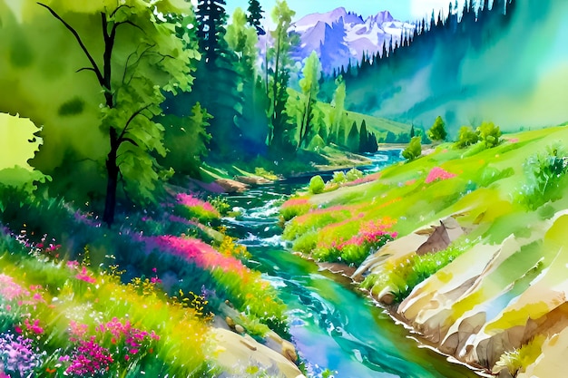 Ein Gemälde einer Berglandschaft mit einem Bach im Vordergrund.