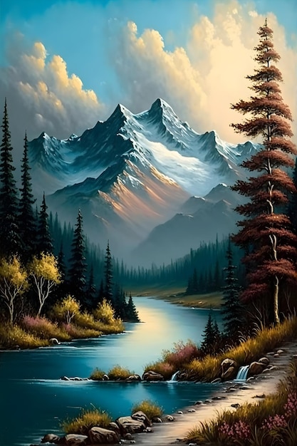 Ein Gemälde einer Berglandschaft mit einem Berg im Hintergrund.