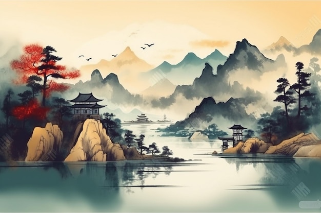 Ein Gemälde einer Berglandschaft mit einem Berg und einem japanischen Haus.