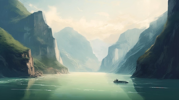 Ein Gemälde einer Berglandschaft mit einem Boot im Wasser.
