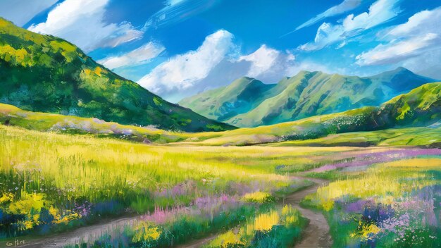 ein Gemälde einer Berglandschaft mit einem Feld von Blumen und Bergen im Hintergrund