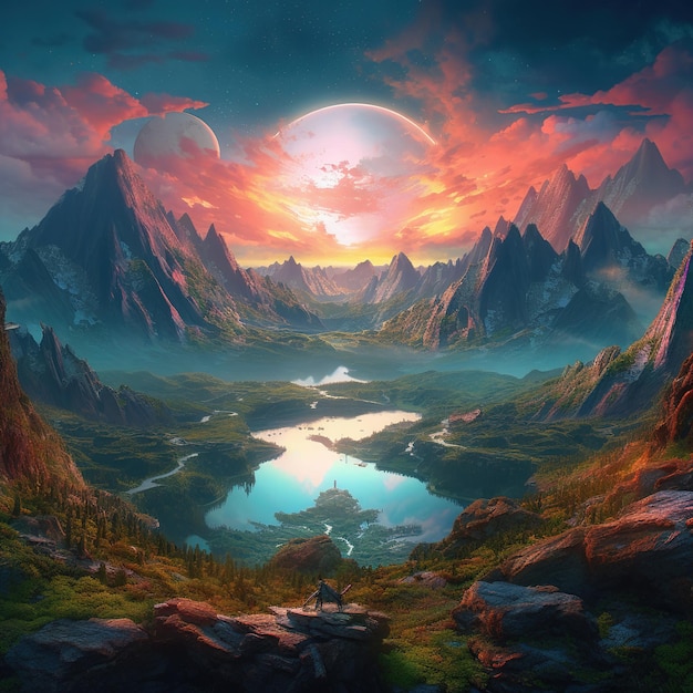 Ein Gemälde einer Berglandschaft mit einem großen Mond im Hintergrund.