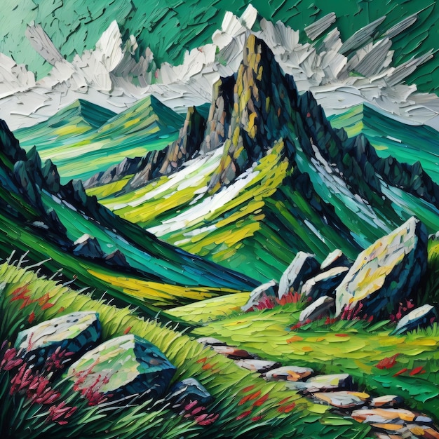 Foto ein gemälde einer berglandschaft mit einem grünen feld und bergen im hintergrund.