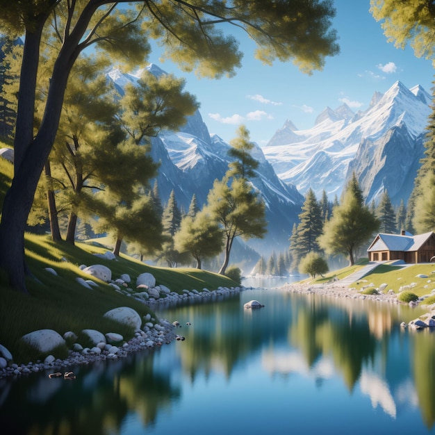 Ein Gemälde einer Berglandschaft mit einem Haus am Fluss.