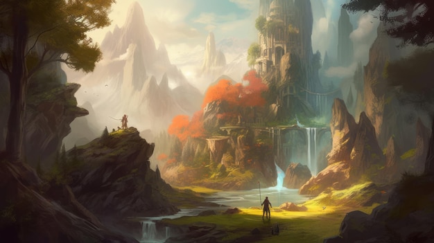 Ein Gemälde einer Berglandschaft mit einem Mann im Vordergrund und einem Wasserfall im Hintergrund.